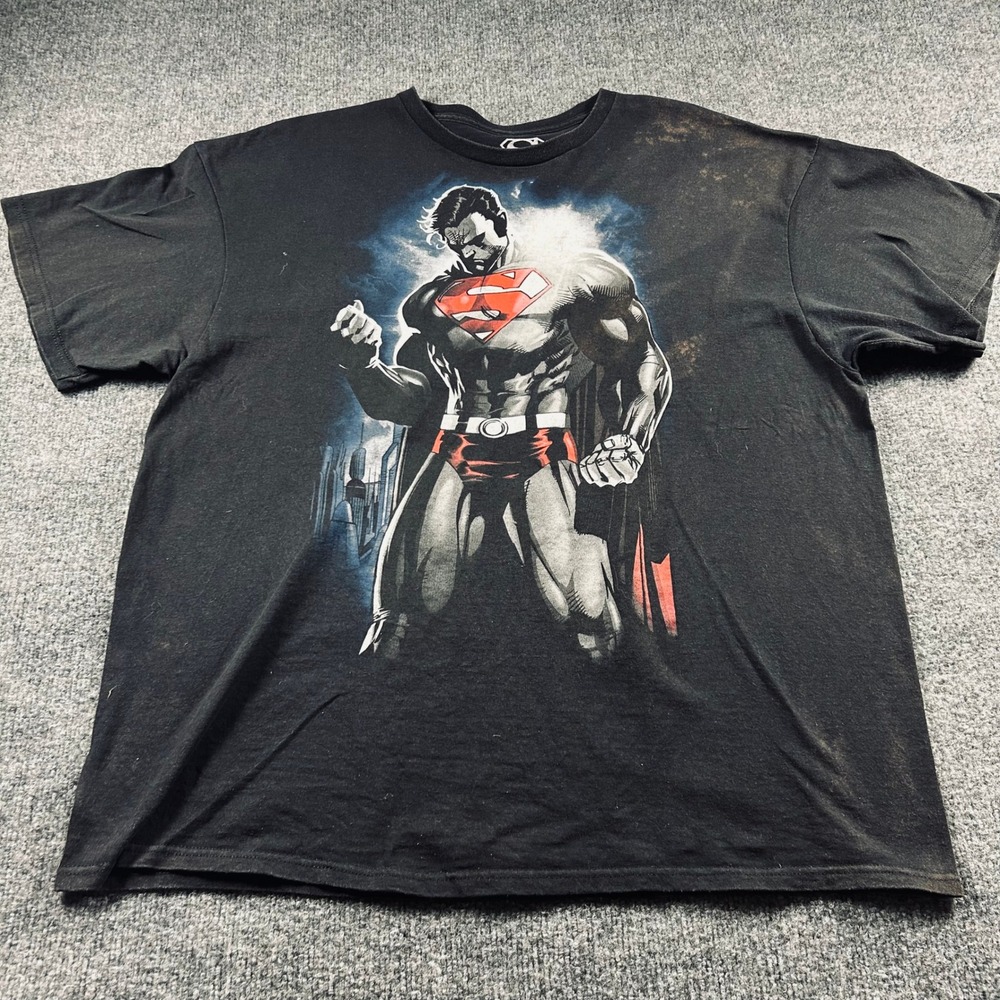Superman DC Comics Graphic T-Shirt Mens 2X Black Cotton 2013 Distressed Stained